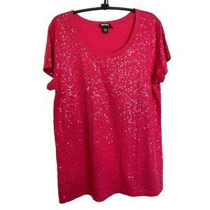 DKNY Womens Pink Sequined Short Sleeve Round Neck Top Size L Rave Party Sexy